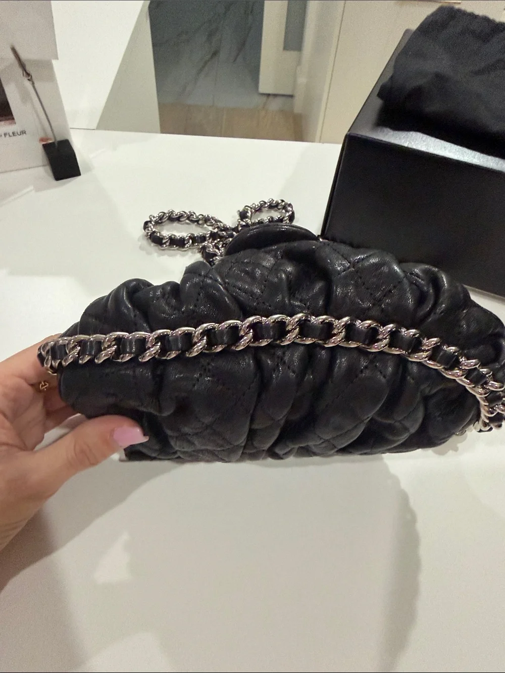 CHANEL Black Quilted leather chain around Crossbody with Silver CC Chain